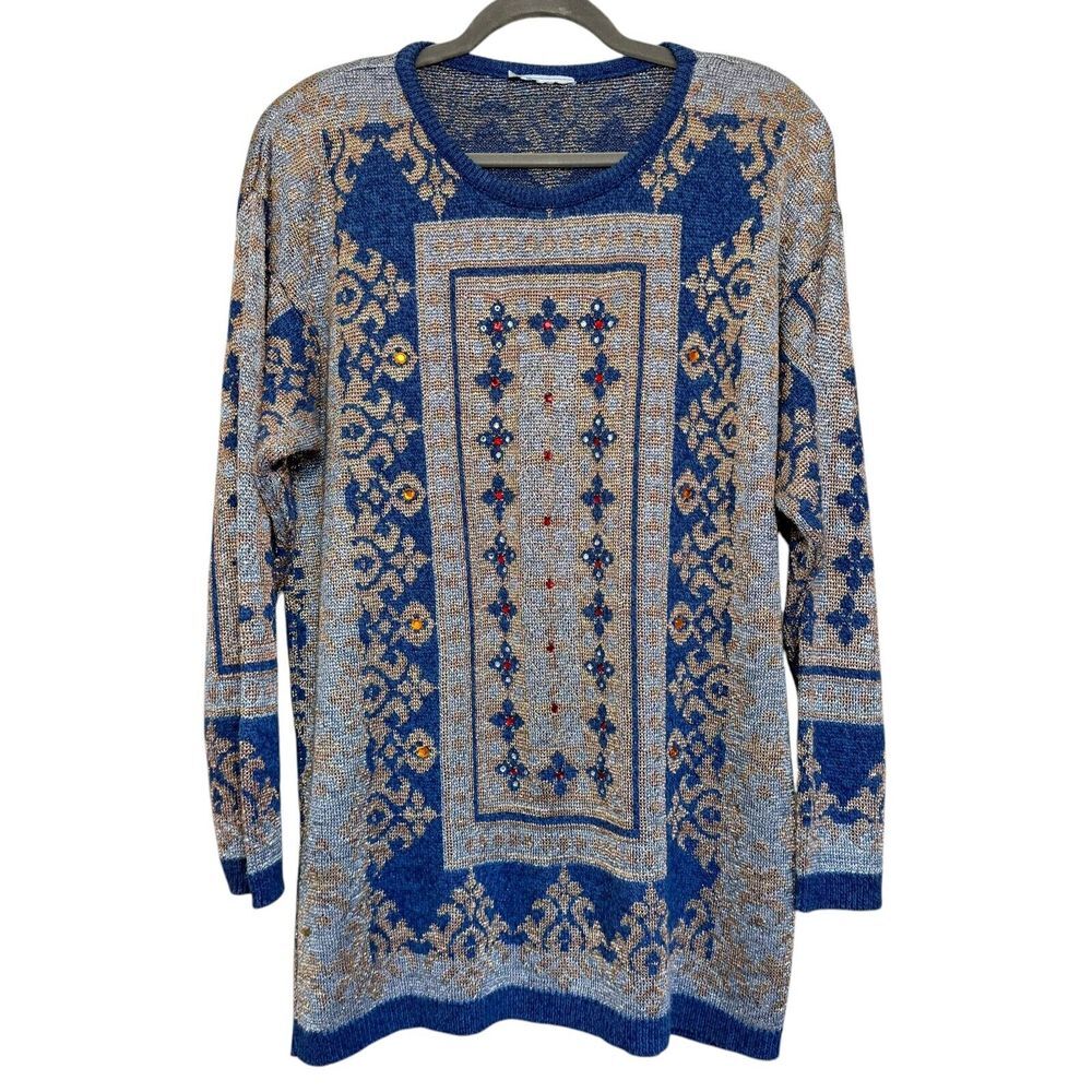 Vintage 80s Sweater Large Shiny Metallic Sparkle Rhinestone Bling Regency‎ USA